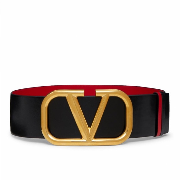 Valentino Garavani Black and Red Belt with Gold V Buckle - Picture 12 of 16